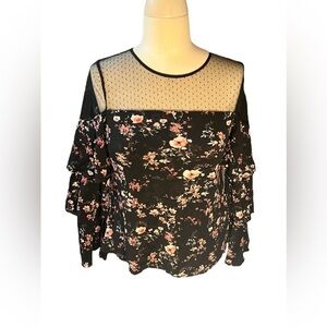 White House Black Market Floral Mesh Lined Top Small Sheer Yoke Juliet Sleeves